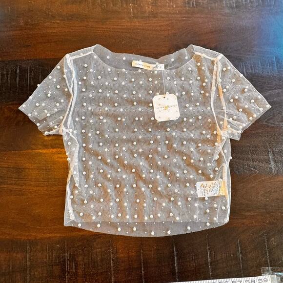 New ALTAR’D STATE Ivory Sheer Pearl Rhinestone Beaded Cropped Top Women's Sz Sm - Picture 2 of 12